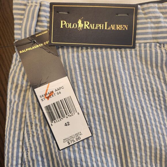 Ralph Lauren Polo Mens 42 Blue Suspender Buttons Seesucker Stripe Shorts New - Picture 7 of 10